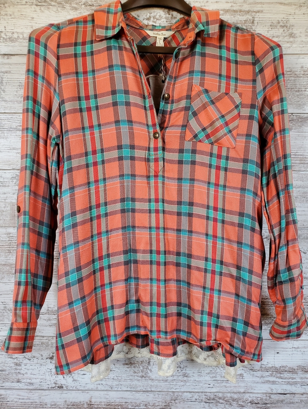 NWT Matilda Jane Noble Plaid Flannel Lace Tunic Top Coral Aqua Boho Blouse - Picture 7 of 16